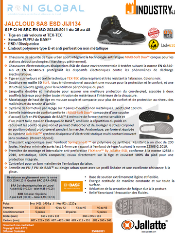Chaussure montante de sécurité antidérapant, antistatique, anti-froid, anti-chaleur et anti-fatigue en cuir sans métal avec embout de sécurité S1P CI HI SRC ESD - JALCLOUD JALLATTE