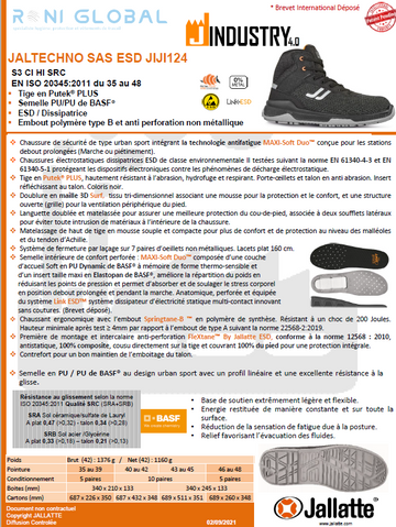 Chaussure montante de sécurité antidérapant, antistatique, anti-froid, anti-chaleur et anti-fatigue en Putek Plus sans métal avec embout de sécurité S3 CI HI SRC ESD - JALTECHNO JALLATTE