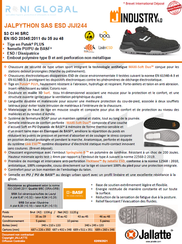 Chaussure basse de sécurité antidérapant, antistatique, anti-froid, anti-chaleur et anti-fatigue en Putek Plus avec embout de sécurité S3 CI HI SRC ESD -  JALCYBER JALLATTE
