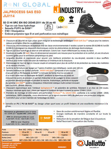 Chaussure montante de sécurité antidérapant, antistatique, anti-froid, anti-chaleur et anti-fatigue en cuir sans métal avec embout de sécurité S3 CI HI SRC ESD - JALPROCESS JALLATTE