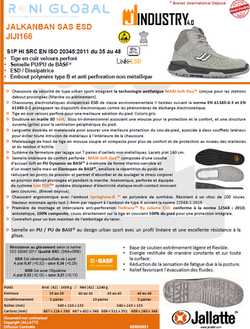 Chaussure montante de sécurité antidérapant, antistatique, anti-froid, anti-chaleur et anti-fatigue en cuir sans métal avec embout de sécurité S1P CI HI SRC ESD - JALKANBAN JALLATTE