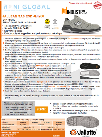 Chaussure basse de sécurité antidérapant, antistatique, anti-froid, anti-chaleur et anti-fatigue en cuir avec embout de sécurité ESD S1P CI HI SRC - JALLEAN JALLATE