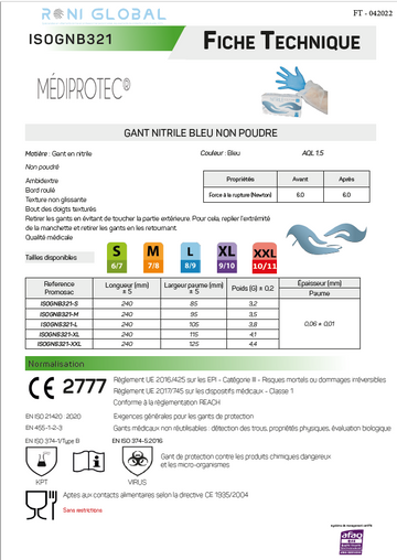 Gant nitrile bleu jetable, non poudré - mediprotec