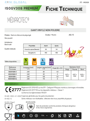 Gant vinyle , jetable, non poudré  mediprotec