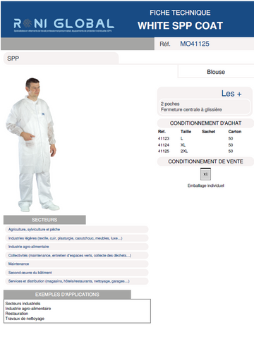 Blouse de protection jetable blanche en SPP col officier 2 poches - BLANC SPP COAT COVERGUARD   VENDU PAR CARTON DE 25