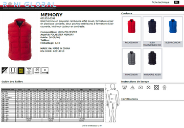 Doudoune / gilet de travail homme imperméable et anti-froid, coupe droite en polyester rembourré et 2 poches - MEMORY PAYPER