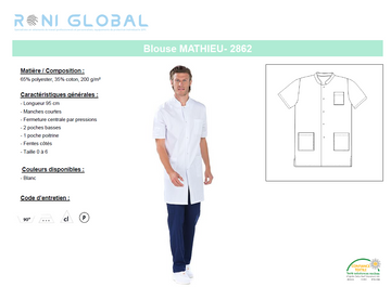 Blouse longue de travail homme blanche manches courtes en coton/polyester 3 poches - MATHIEU REMI CONFECTION