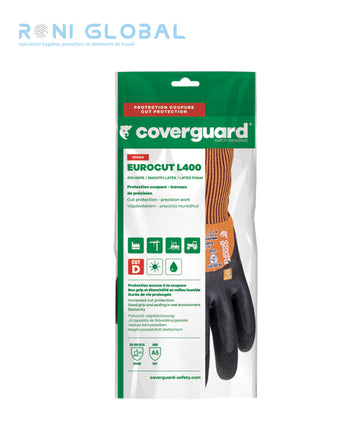 Gant de protection milieu humide en HPPE polyamide élasthanne enduit au latex haute-visibilité anti-coupure et précision CUT D - EUROCUT L400 COVERGUARD (boîte de 5 paires)