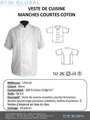 Veste de cuisine blanche manches courtes, en coton 2 poches - VESTE DE CUISINE MC COTON BLANC PBV