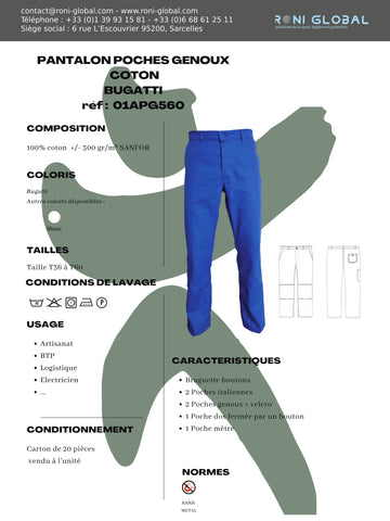 Pantalon de travail bugatti avec poches genoux, en coton sans métal et 4 poches - PANTALON COTON BUGATTI POCHES GENOUX PBV