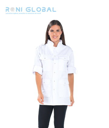 Veste de travail blanche unisexe manches longues transformables en coton et polyester 5 poches - SAHARIENNE REMI CONFECTION