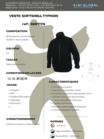 Veste de travail noir Softshell, micro polaire, imperméable et respirant, en polyester/élasthanne 5 poches - VESTE SOFTSHELL TYPHON NOIR PBV