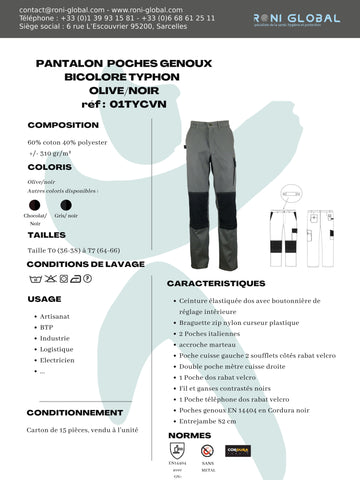 Pantalon de travail olive avec protection genoux, en coton/polyester 6 poches - PANTALON PG LENNY OLIVE/NOIR PBV