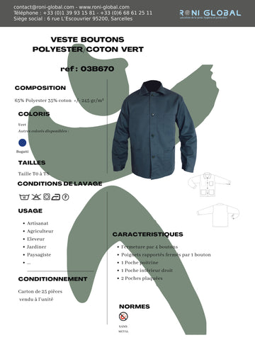 Veste de travail verte manches longues, en coton/polyester sans métal et 4 poches - VESTE P/C VERT PBV
