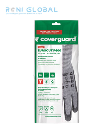 Gant de protection milieu sec en HDPE polyester / élasthanne enduit au PU anti-chaleur, anti-coupure et précision CUT F HOT 1 - EUROCUT P600 COVERGUARD (boîte de 10 paires)