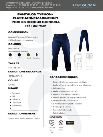 Pantalon de travail marine avec protection genoux, en coton/polyester/élasthanne 6 poches - PANTALON PG BOB MARINE PBV