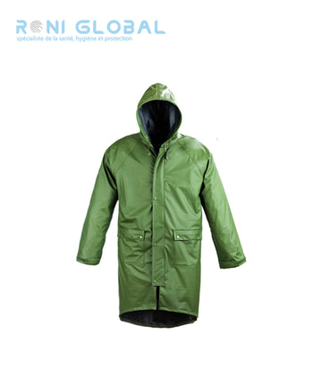 Manteau de travail coupe-vent, anti-pluie et imperméable en polyester enduit polyuréthane vert 2 poches - PU COAT COVERGUARD