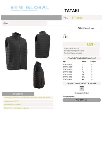 Gilet de travail noir anti-froid imperméable en polyester stretch mécanique 4 poches - TATAKI COVERGUARD