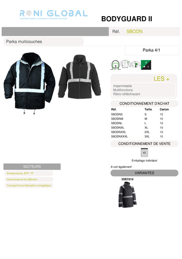 Parka de travail 4en1 anti-pluie, rétroréfléchissant en polyester enduit PVC 6 poches - BODYGUARD II COVERGUARD