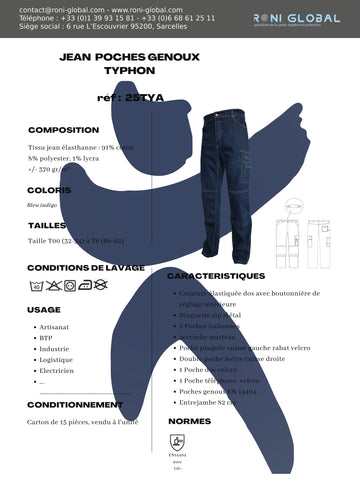 Pantalon de travail jean bleu homme avec protection genoux, en coton/polyester/lycra 6 poches - JEAN'S PG MITCH PBV