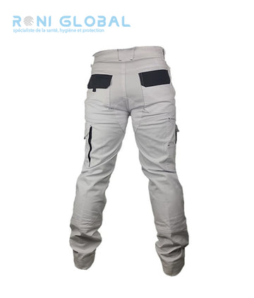 Pantalon de travail blanc avec protection genoux, en coton/polyester/élasthanne 6 poches - PANTALON PG BOB BLANC/GRIS PBV