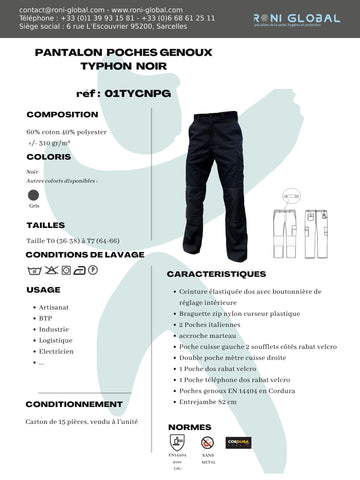 Pantalon de travail noir homme avec protection genoux, en coton/polyester sans métal et 6 poches - PANTALON PG DAVID NOIR PBV