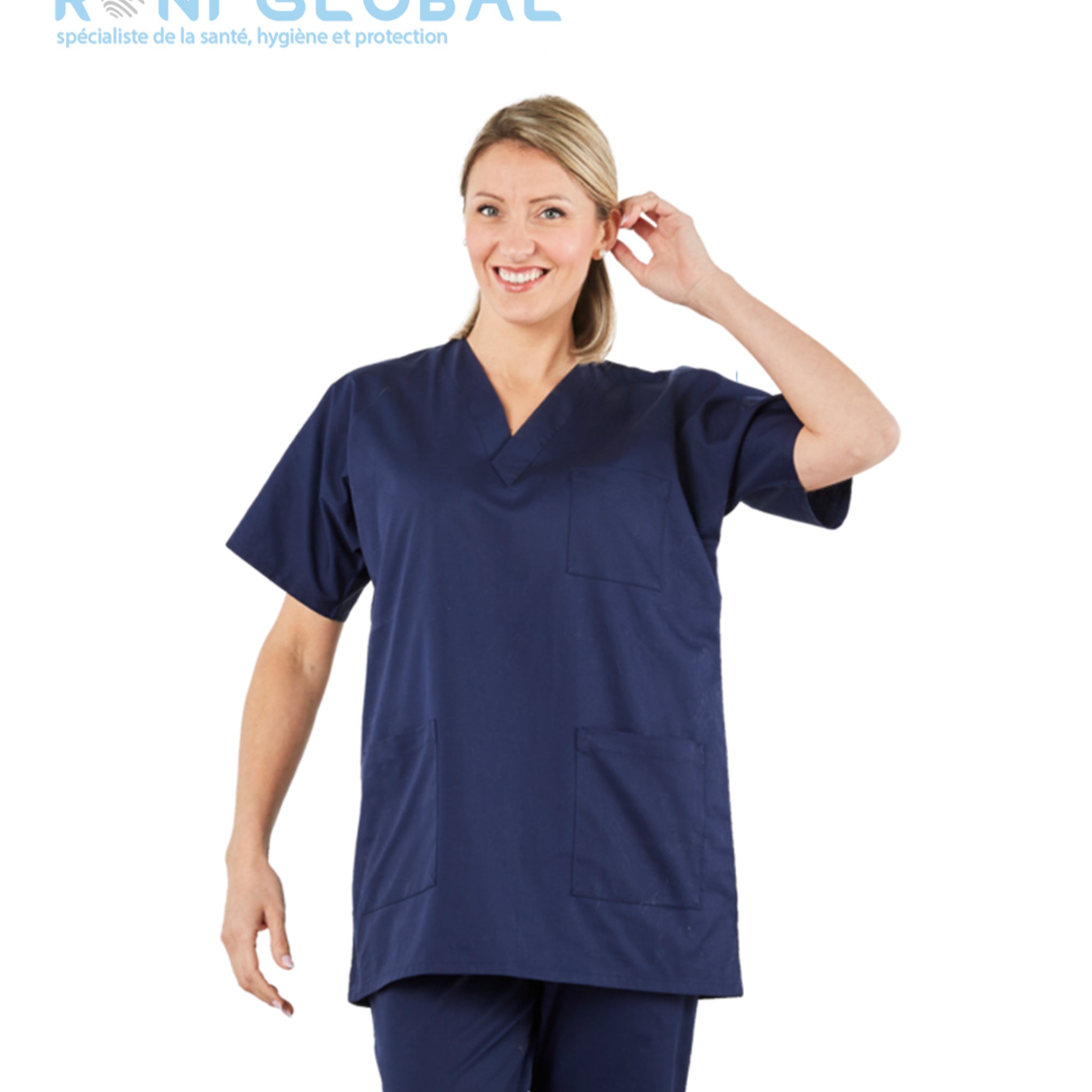 Tunique de travail santé marine unisexe manches courtes, en coton et polyester 3 poches - TUNIQUE À ENFILER MIXTE TILY MARINE PBV