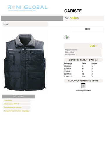 Gilet de travail noir imperméable réversible en polyester enduit polyuréthane 11 poches - CARISTE COVERGUARD