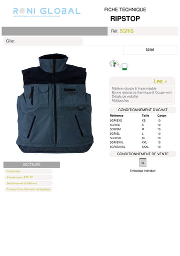 Gilet de travail coupe-vent, imperméable et anti-froid thermique en polyester pongé enduit PVC 6 poches - RIPSTOP COVERGUARD