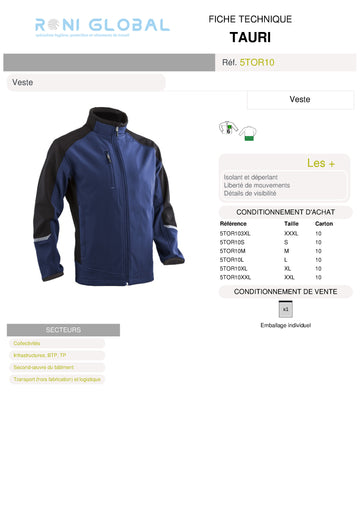 Veste de travail Softshell en polyester/élasthanne/spandex + Membrane TPU et micro polaire 6 poches - TORI COVERGUARD