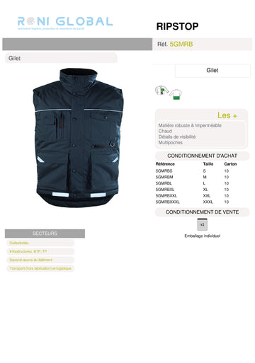 Gilet de travail imperméable noir en polyester pongé enduit PVC 6 poches - RIPSTOP COVERGUARD