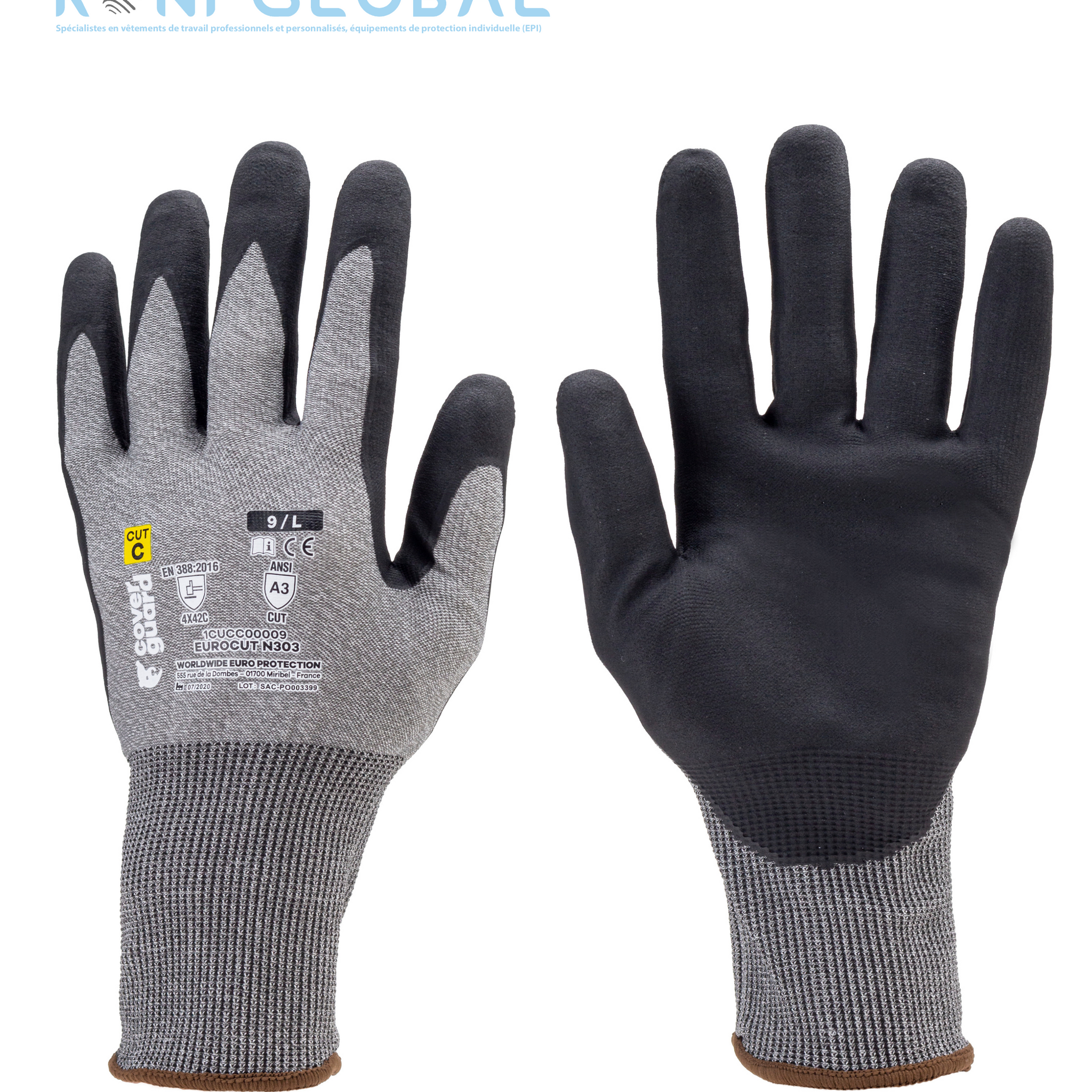 Gant de protection milieu sec confortable et hypoallergénique, en HDPE polyester/spandex enduit au nitrile anti-coupure et précision CUT C - EUROCUT N303 COVERGUARD (boîte de 5 paires)