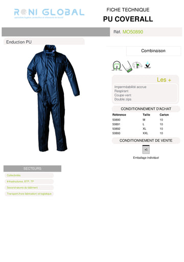 Combinaison de travail marine coupe-vent anti-pluie en polyester enduit polyuréthane - PU COVERALL COVERGUARD