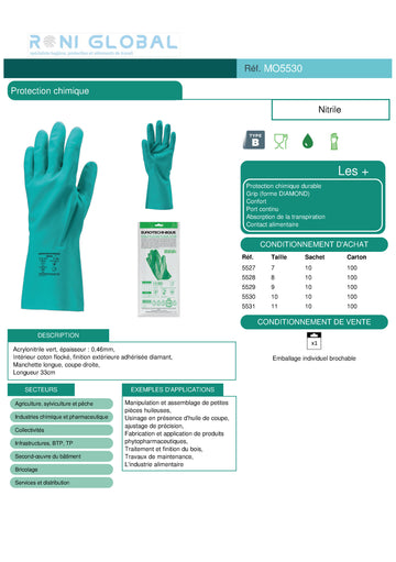 Gant de protection chimique modérée à haute en acrylonitrile et coton flocké enduit au nitrile TYPE B - EUROCHEM N5530 COVERGUARD (boîte de 10 paires)