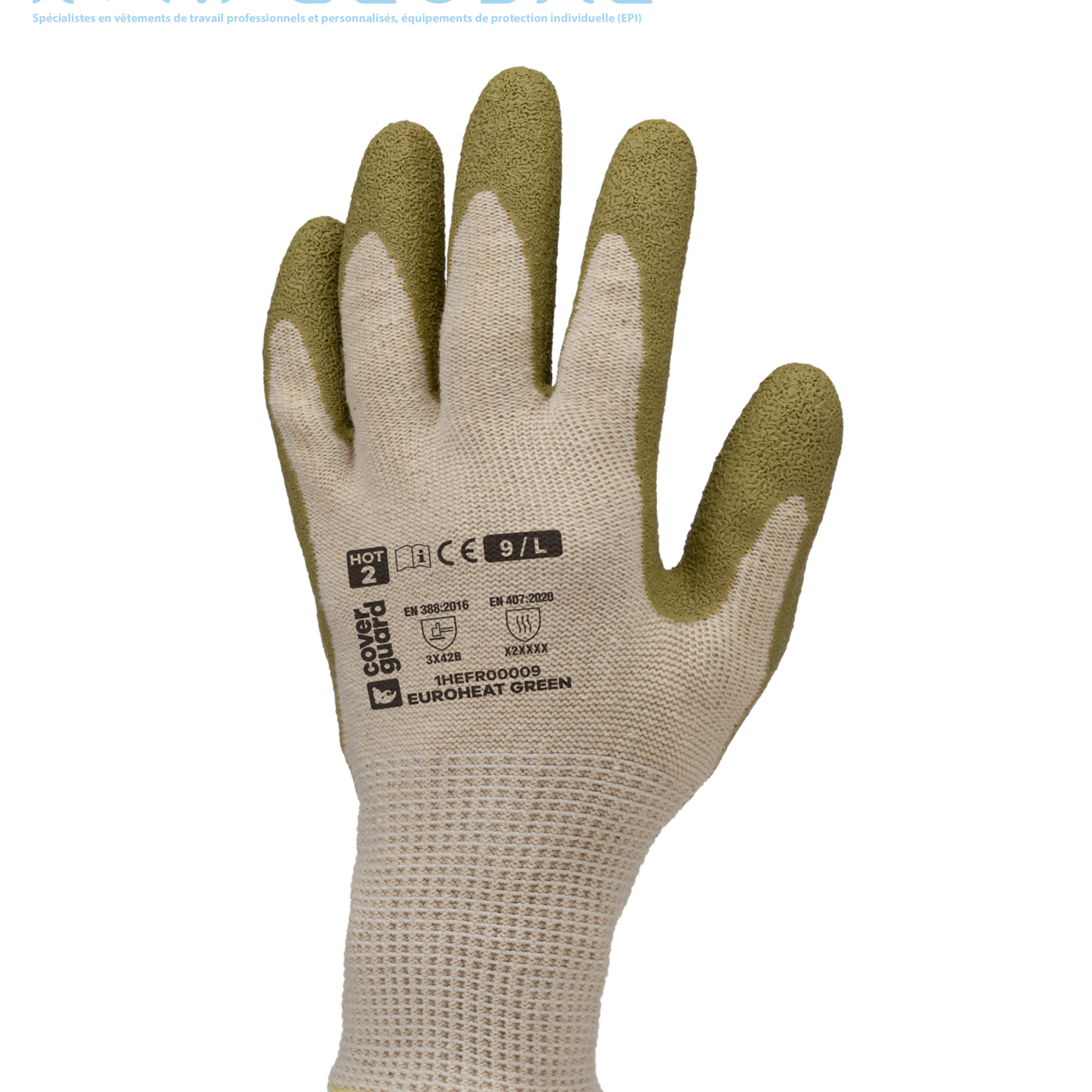 Gant de protection thermique en tricot blanc cassé en coton vierge/coton recyclé/polyester recyclé enduit au latex anti-chaleur et anti-coupure CUT B HOT 2 - EUROHEAT GREEN COVERGUARD (boîte de 10 paires)