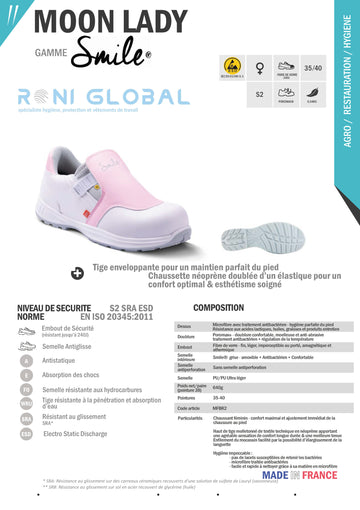 Chaussure basse de sécurité femme antidérapant et antistatique, en microfibre lavable avec embout de sécurité S2 SRA ESD - MOON LADY GASTON MILLE