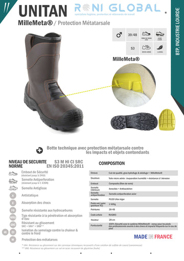 Botte de sécurité homme antidérapant, anti-froid et anti-chaleur en cuir avec embout de sécurité et protection des métatarses S3 M HI CI SRC - UNITAN MILLEMETA GASTON MILLE